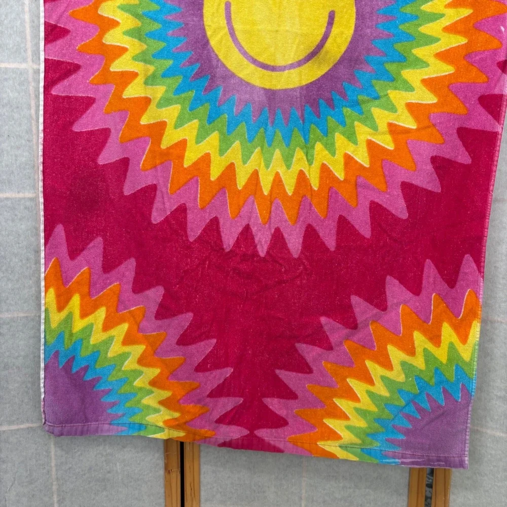 VTG Retro Groovy Rainbow Smiley Face Beach Towel Drawstring Bag‎ Pink 100 Cotton